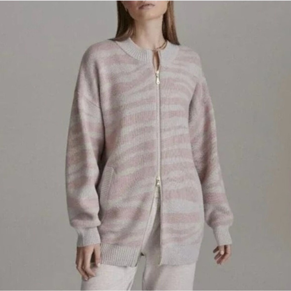 VARLEY ANTHRO Mayberry Casual Chic 2-Way Zip Blush Zebra Wool/Cotton Cardigan S